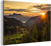 Wanddecoratie Metaal - Aluminium Schilderij Industrieel - Alpen - Berg - Zon - 30x20 cm - Dibond - Foto op aluminium - Industriële muurdecoratie - Voor de woonkamer/slaapkamer