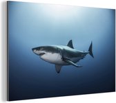 Wanddecoratie Metaal - Aluminium Schilderij Industrieel - Zijaanzicht grote witte haai - 120x80 cm - Dibond - Foto op aluminium - Industriële muurdecoratie - Voor de woonkamer/slaapkamer