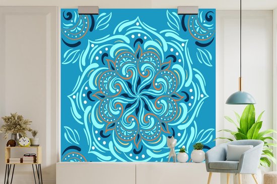 Motif carré avec un mandala détaillé sur fond bleu 260x260 cm