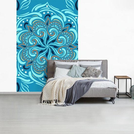 Motif abstrait d'une fleur détaillée et orange sur fond bleu 225x350 cm