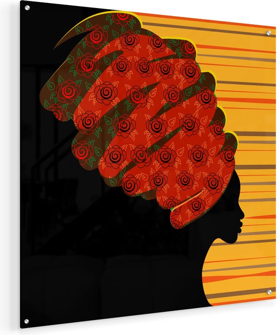 Artaza Glasschilderij - Afrikaanse Vrouw Met Bloemen Tulband - Abstract - 60x60 - Plexiglas Schilderij - Foto op Glas