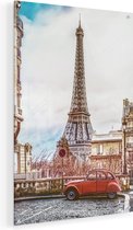 Artaza Glasschilderij - Eiffeltoren In Parijs Met Een Rode Kever Auto - 50x75 - Plexiglas Schilderij - Foto op Glas