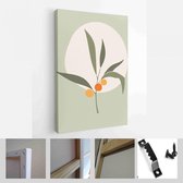 Collectie hedendaagse kunstposters in pastelkleuren. Abstracte geometrische elementen en vormen, bladeren en bloemen. Geweldig ontwerp voor sociale media, ansichtkaarten, afdrukken