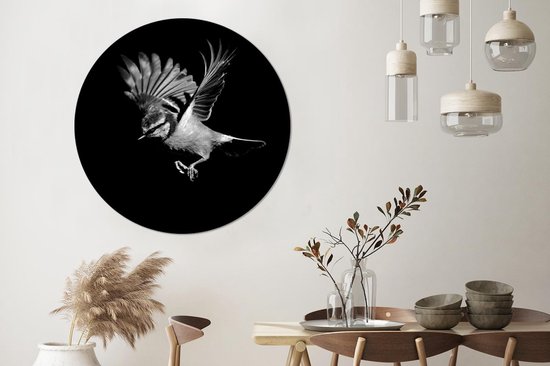 WallCircle - Wall Circle - Wall Circle Indoor - Pimpelmees - Vogel - Zwart - Noir Blanc - 140x140 cm - Décoration murale - Peintures Ronds