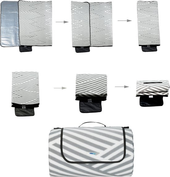 Couverture de pique-nique 200x300 cm XXL polaire imperméable pliable gris blanc manche aluminium rayures