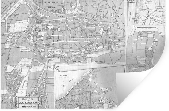 Muurstickers - Sticker Folie - Historische stadskaart van Alkmaar - zwart wit - 90x60 cm - Plakfolie - Muurstickers Kinderkamer - Zelfklevend Behang - Plattegrond - Zelfklevend behangpapier - Stickerfolie