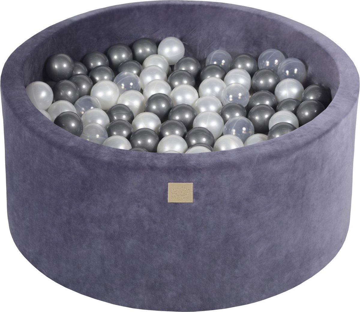 Ronde ballenbak VELVET 90x40 - Grijs-Blauw incl 300 ballen - Zilver, Wit  Pearl, Transparant | Ballenbakje.nl
