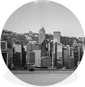 WallCircle - Wandcirkel ⌀ 140 - Hong Kong - Skyline - Zwart - Wit - Ronde schilderijen woonkamer - Wandbord rond - Muurdecoratie cirkel - Kamer decoratie binnen - Wanddecoratie muurcirkel - Woonaccessoires