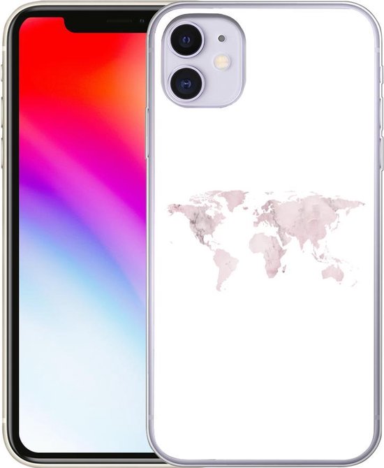 Coque iPhone 11 - Wereldkaart - Marbre - Rose - Siliconen