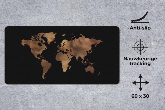 Zwarte muismat met bruine wereldkaartprint, met pictogrammen 'Anti-slip', 'Nauwkeurige tracking', '60 x 30'.