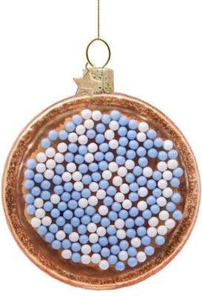 Ornament glass blue/white Dutch beschuitje H8.5cm w/box - Vondels