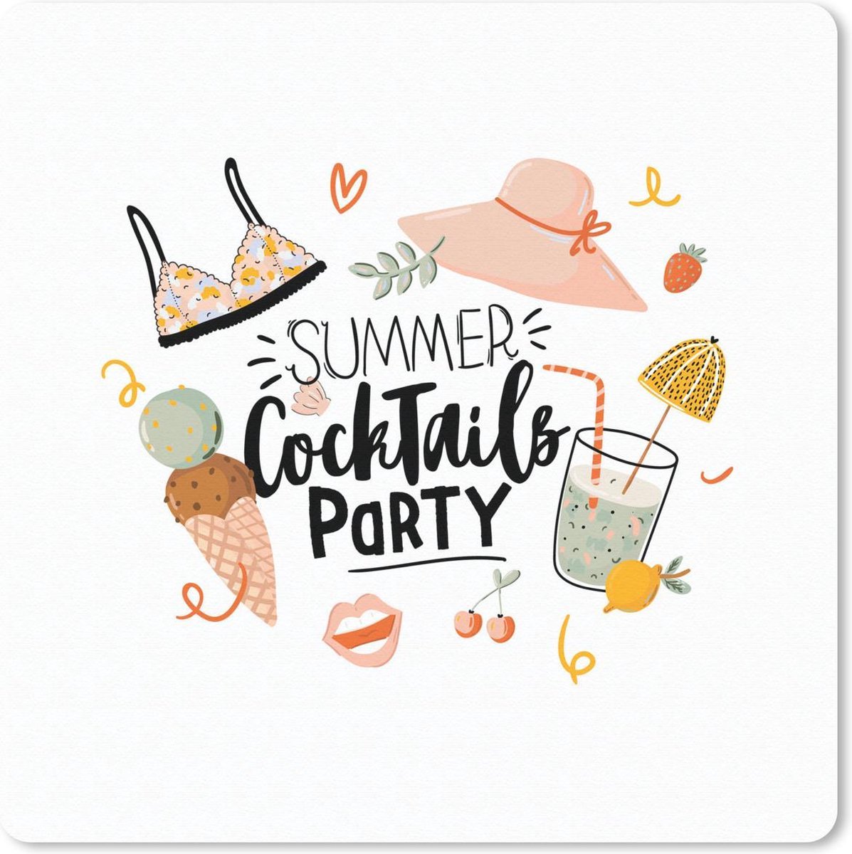 Muismat 20x20 cm - Mousepad Zomer - Cocktail - Hoed - Muismatten