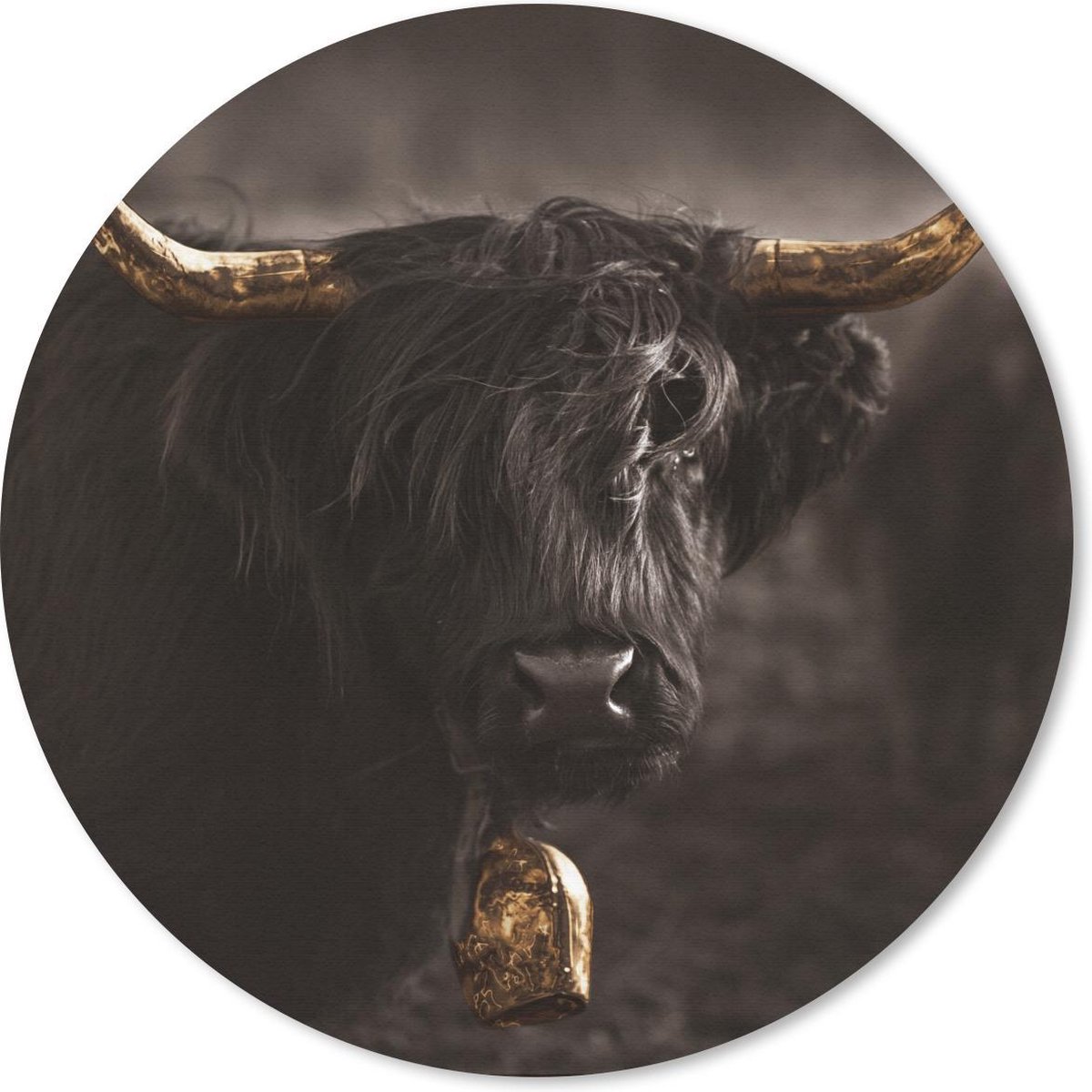 Muismat - Mousepad - Rond - Schotse hooglander - Goud - Koeienbel - 20x20 cm - Ronde muismat