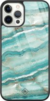 iPhone 12 Pro hoesje glass - Marmer azuurblauw | Apple iPhone 12 Pro  case | Hardcase backcover zwart