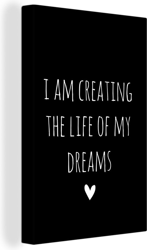 Tableau sur toile Citation anglaise Je crée la vie de mes rêves sur fond noir - 120x180 cm - Décoration murale XXL