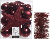 Kerstversiering kunststof kerstballen 5-6-8 cm met ster piek en folieslingers pakket donkerrood 35x stuks - Kerstboomversiering