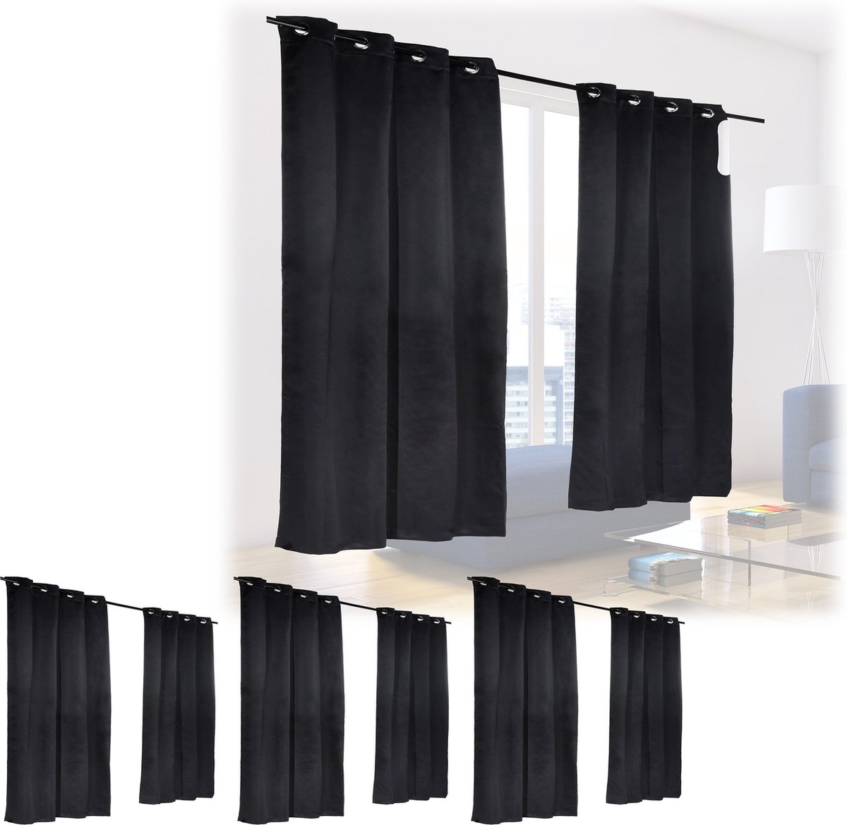 Relaxdays 8 x verduisterende gordijnen - zwart - kant en klaar - gordijn set - 245x135 cm