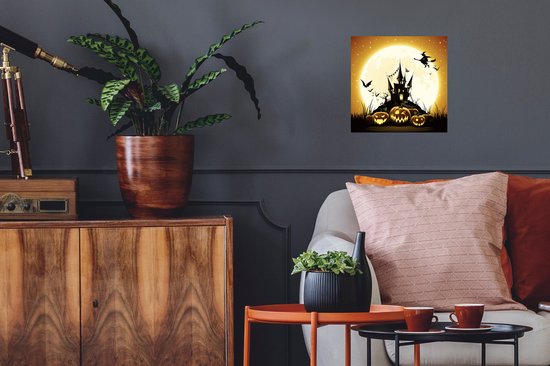 Muurstickers - Sticker Folie - Een illustratie van een heks die over een kasteel vliegt tijdens Halloween - 30x30 cm - Plakfolie - Muurstickers Kinderkamer - Zelfklevend Behang - Zelfklevend behangpapier - Stickerfolie