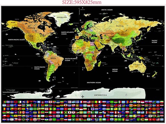 Scratch map deluxe - kras wereldkaart XL met vlaggen - zwart-geel | bol.com