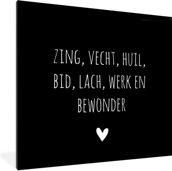 Affiche avec cadre Citation néerlandaise : 'Chantez, combattez, pleurez, priez, riez, travaillez et admirez' sur fond noir - 40x40 cm