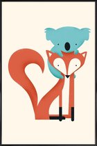 JUNIQE - Poster in kunststof lijst Fox and Koala -40x60 /Blauw &