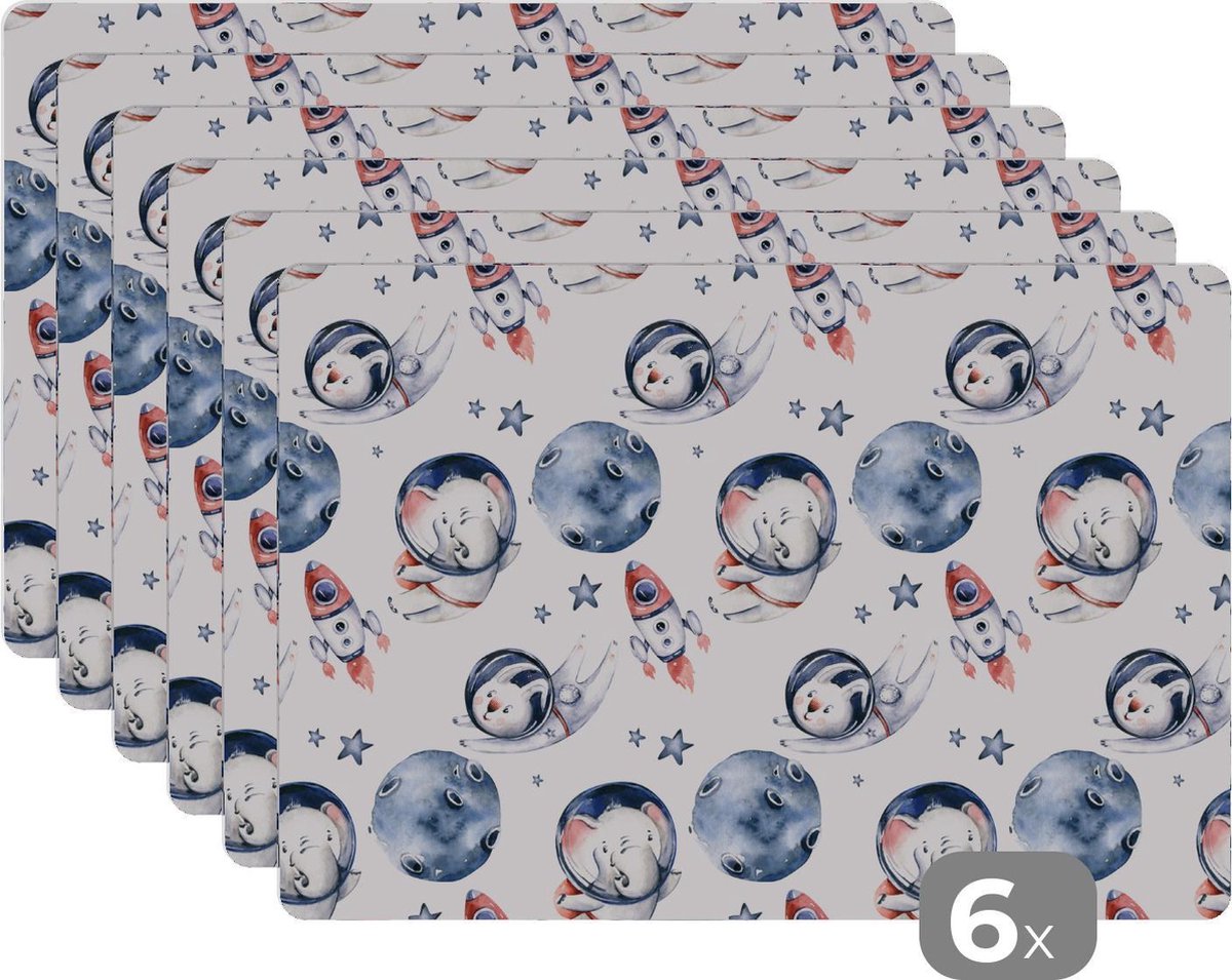 Placemat kinderen - Placemat - Placemats kunststof - Olifant - Konijn - Raket - Jongens - Meisjes - Kinderen - Kindje - 45x30 cm - 6 stuks - Hittebestendig - Anti-Slip - Onderlegger - Afneembaar