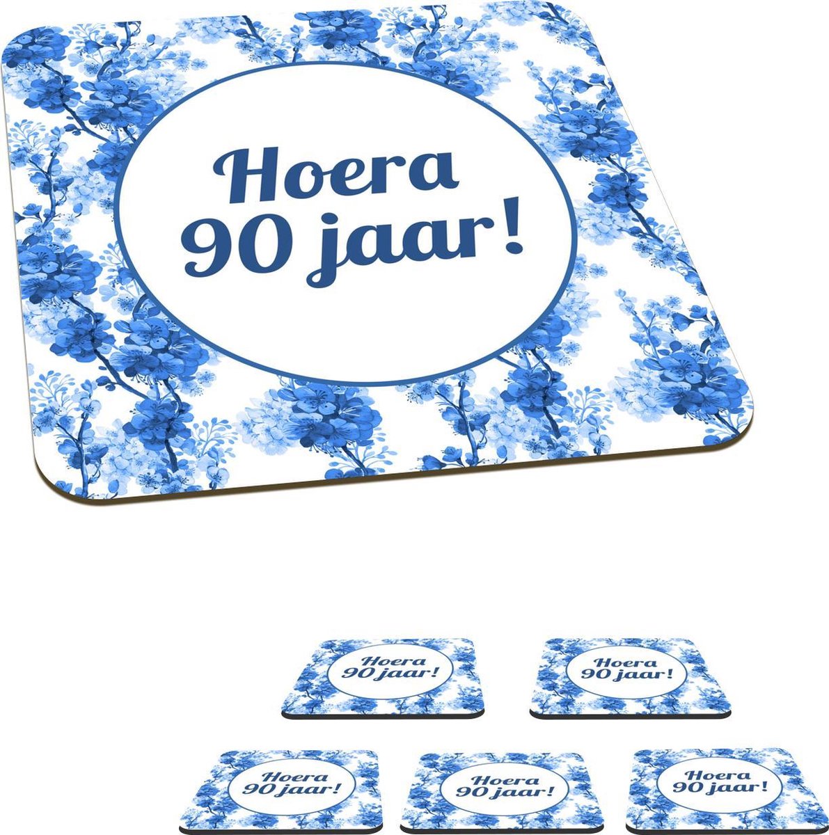 Onderzetters voor glazen - Feest - 90 Jaar - Blauw - Wit - 10x10 cm - Glasonderzetters - 6 stuks