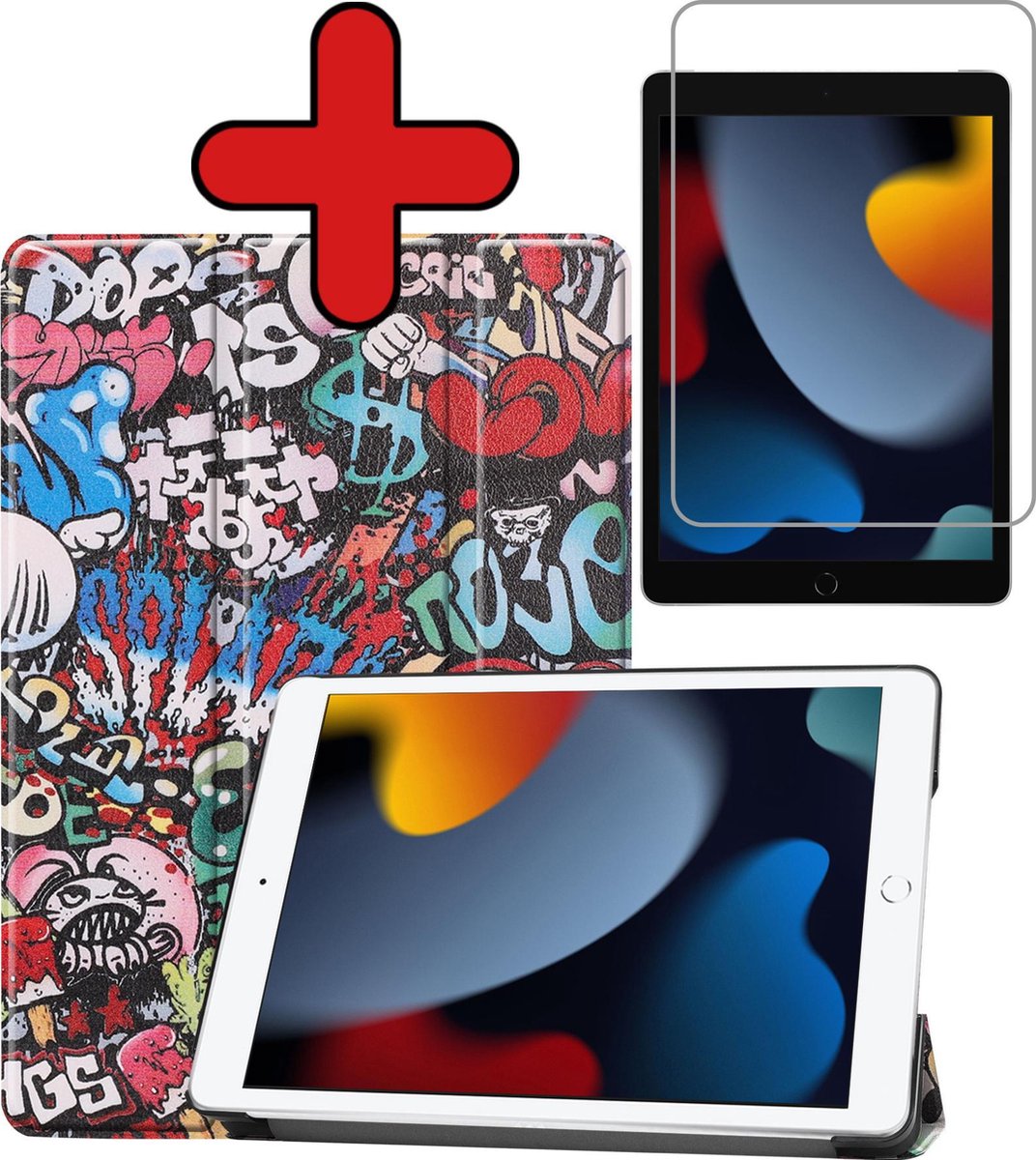 Hoesje - Geschikt voor Apple iPad 9 (2021) - 10.2 inch - 9e Generatie - Met Screenprotector - Hardcover Book Case - Trifold Bookcase Hoes - Hard Cover - Tablethoes - Graffity