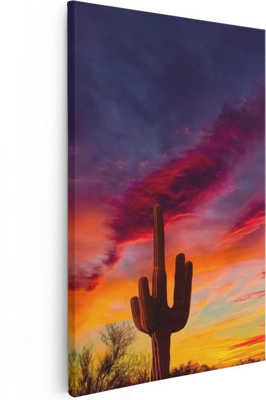Artaza Canvas Schilderij Cactus bij Oranje Zonsondergang - 40x60 - Poster Foto op Canvas - Canvas Print