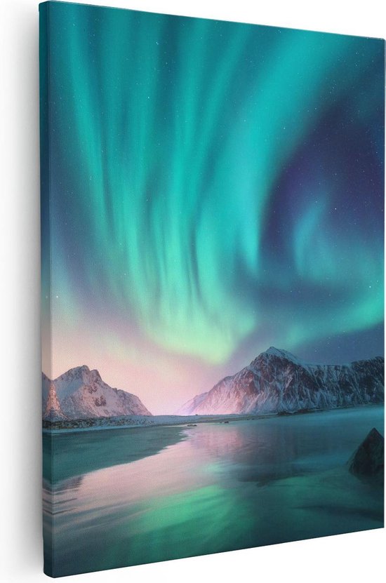 Artaza - Canvas Schilderij - Groene Noorderlicht in Noorwegen - 80x100 - Groot - Foto Op Canvas - Canvas Print