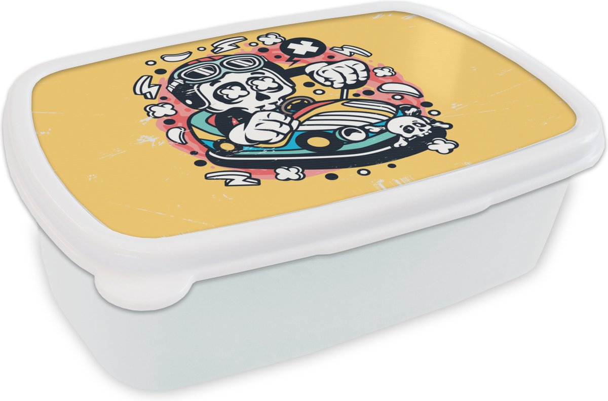 Broodtrommel Wit - Lunchbox - Brooddoos - Vintage - Skelet - Auto - 18x12x6 cm - Volwassenen
