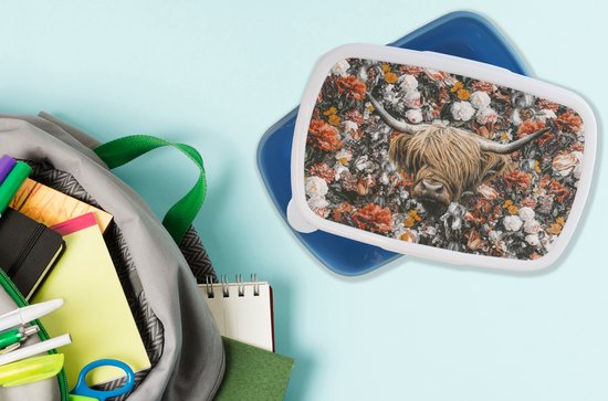Bread Bin Blauw - Lunch Box - Bread Box - Scottish Highlander - Fleurs - Zwart - Wit - 18x12x6 cm - Enfants - Garçon