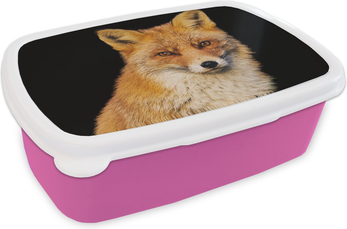 Broodtrommel Roze - Lunchbox - Brooddoos - Vos - Rood - Zwart - 18x12x6 cm - Kinderen - Meisje