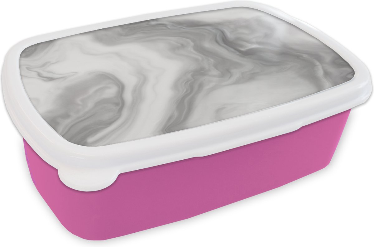 Broodtrommel Roze - Lunchbox - Brooddoos - Wit met zwart marmer - 18x12x6 cm - Kinderen - Meisje