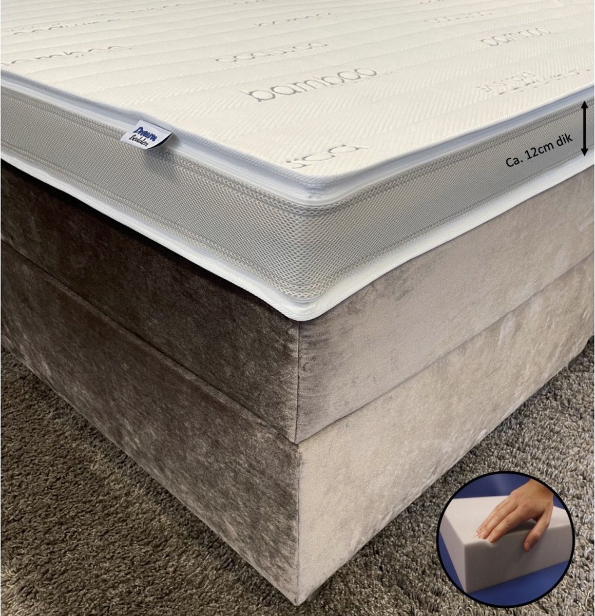 dreambedden Topper 100x220 - Hybride schuim - Bamboo Exclusive - Anti Allergie - Stevig - Ca. 12cm dik wit