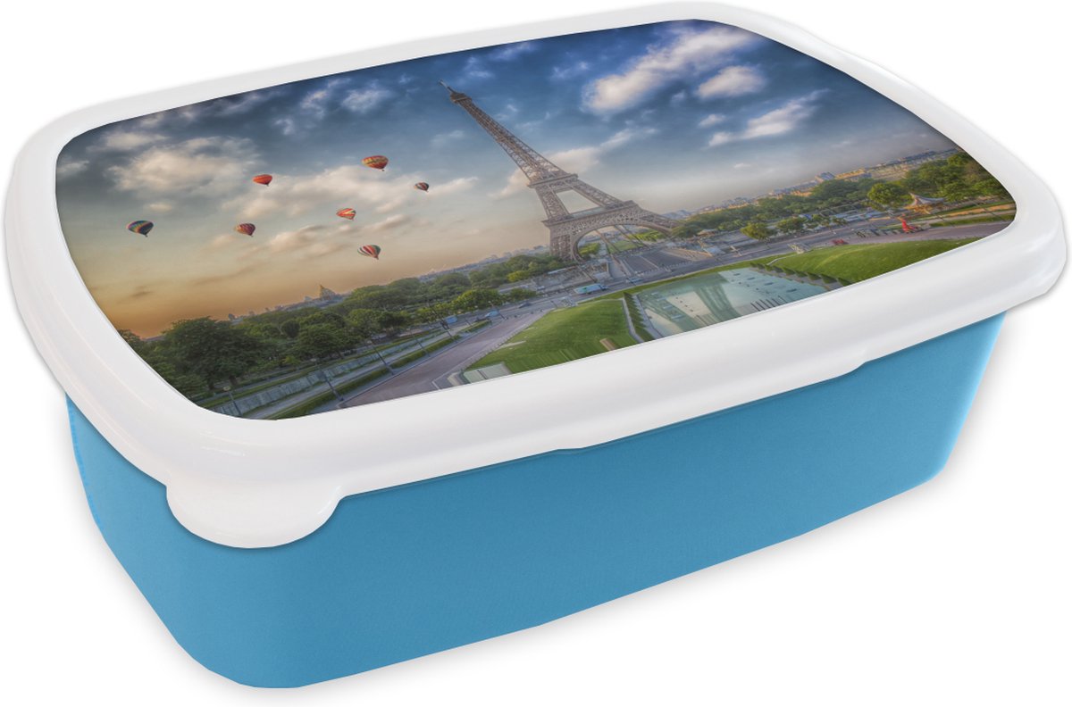 Broodtrommel Blauw - Lunchbox - Brooddoos - De Eiffeltoren met op de achtergrond luchtballonnen die in de lucht varen boven Parijs - 18x12x6 cm - Kinderen - Jongen
