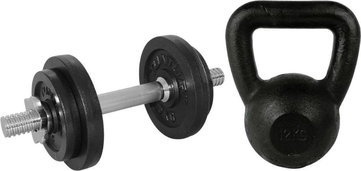 Tunturi - Fitness Set - Halterset 10 kg incl 1 Dumbellstang - Kettlebell 12 kg