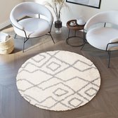 Tapiso Boho Vloerkleed Rond Creme Grijs Shaggy Bohemian Design Duurzaam Slaapkamer Woonkamer Hal Maat- 120x120