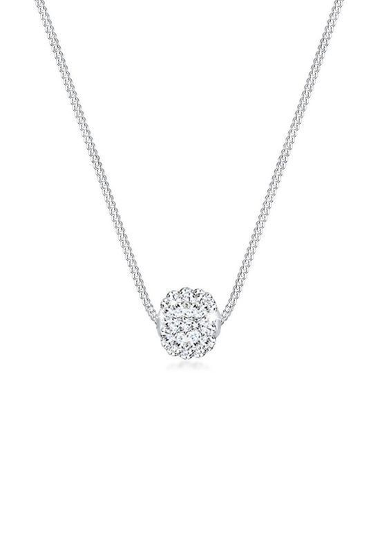 Zilveren ketting van 45 cm met een ronde hanger bezet met schitterende kristallen.
