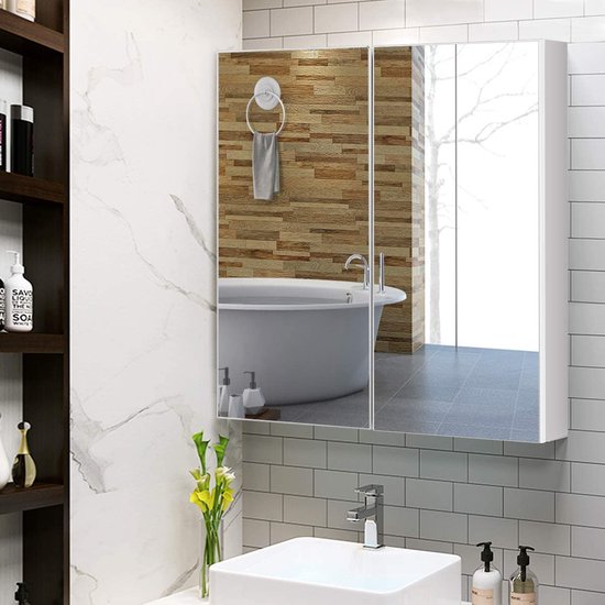 LUXGOODS  spiegelkast, badkamerkast, medicijnkastje, 2 laags muur gemonteerde opbergkast met dubbele spiegel deuren, ruimte spaarder, moderne gespiegelde kast, voor badkamer, woonkamer, slaapkamer