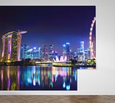 Neon verlichting in de nachtelijke skyline van Singapore  - Fotobehang (in banen) - 350 x 260 cm