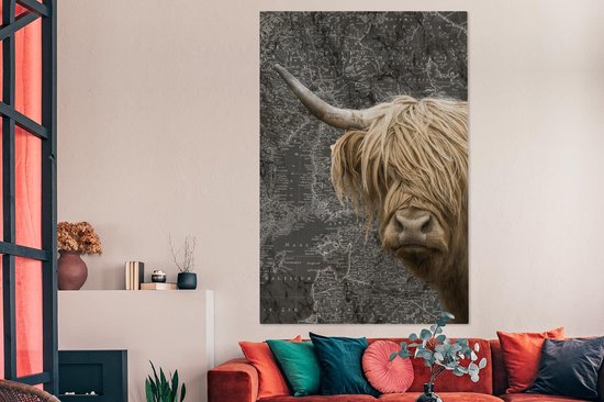 Décoration murale - Highlander écossais - Vaches - Carte du Wereldkaart - Peinture sur toile - 120x180 cm