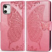 Apple iPhone 12 Hoesje - Mobigear - Butterfly Serie - Kunstlederen Bookcase - Roze - Hoesje Geschikt Voor Apple iPhone 12