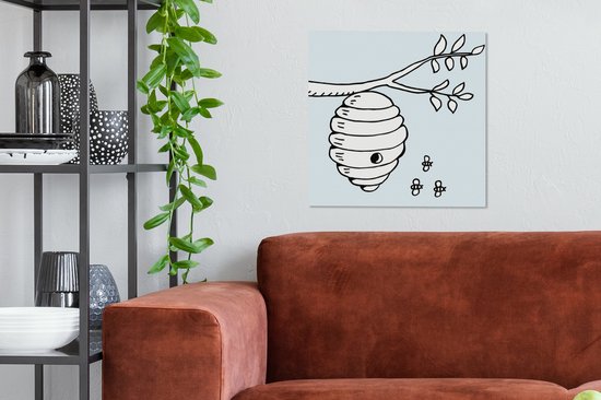 Illustration de bande dessinée d'abeilles et d'une toile de ruche 50x50 cm - Tirage photo sur toile (décoration murale salon / chambre) / Animaux sauvages Peintures sur toile