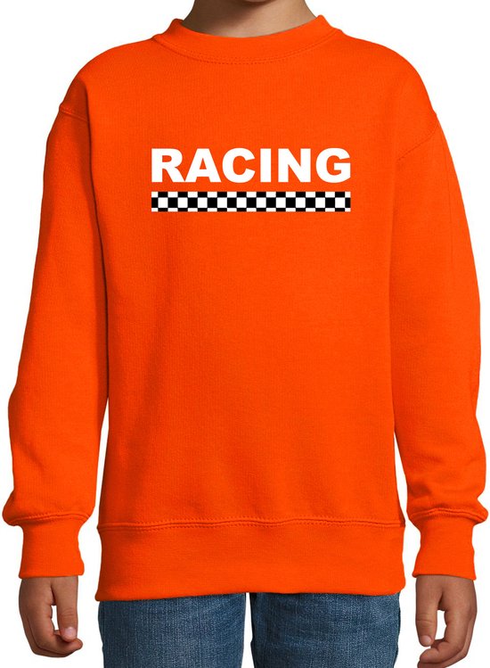 Racing coureur supporter / finish vlag sweater oranje voor kinderen - race autosport / motorsport thema / race supporter / supporter truien 96/104 (3-4 jaar)
