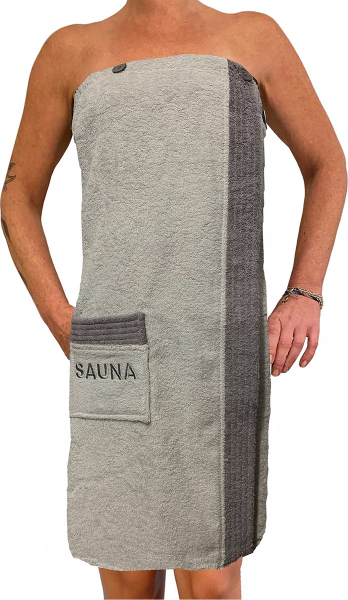 JEMIDI Sauna badstof kilt sarong M-XXL dames of heren antraciet grijs met borduursel 100% katoen sauna kilt sauna sarong sauna handdoek - Grijs