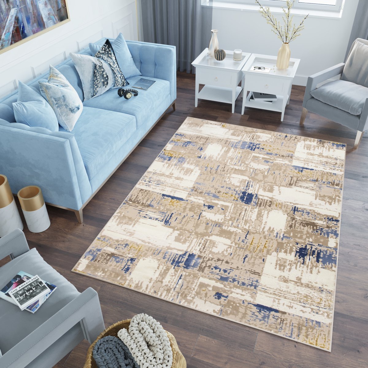 Tapiso Asthane Vloerkleed Beige Abstract Slaapkamer Woonkamer Tapijt Maat - 80x150 Beige Bruin Blauw2