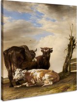 Schilderij - Paulus Potter, , Twee koeien en een jonge stier naast een hek in een weiland, 1647, 60x90cm