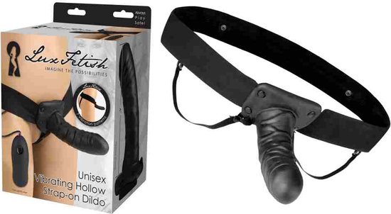Lux Fetish - Unisex Vibrating Hollow Strap-On Strap On Voorbinddildo -  Zwart
