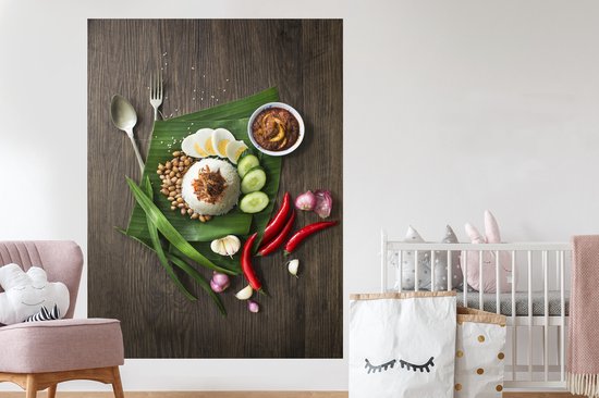 Stickers Stickers muraux - Vue de dessus de la nourriture nasi lemak de la cuisine malaisienne - 120x160 cm - Feuille adhésive XXL